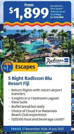 ALDI 5 Night Radisson Blu Resort Fiji offer