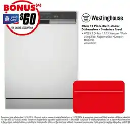 The Good Guys Westinghouse 60cm 15 Place Built-Under Dishwasher - Stainless Steel offer