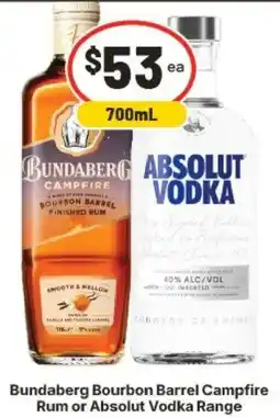 IGA Bundaberg Bourbon Barrel Campfire Rum or Absolut Vodka Range offer