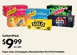 Campbells Wholesale Pepsi, Solo, Schweppes, Mountain Dew 10x375ml Varieties offer