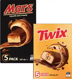 Coles Mars Smooth & Creamy or Twix Ice Bars 5 Pack 215mL-247mL offer