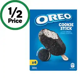 Woolworths NEW Oreo Sticks, Cones or Sandwiches 360-475ml Pk 4 – Excludes Oreo Cookie Top Cones 400ml Pk 4 offer
