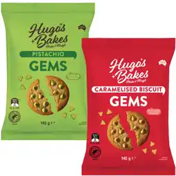 Coles Hugo's Bakes Caramelised Biscuit or Pistachio Chocolate Gems 140g offer