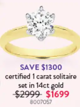 Goldmark certified 1 carat solitaire set in 14ct gold offer