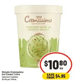 IGA Streets Cremissimo Ice Cream 1 Litre offer