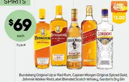 Foodland Bundaberg Original Up or Red Rum, Captain Morgan Original Spiced Gold, Johnnie Walker Red Label Blended Scotch Whisky, Gordon offer