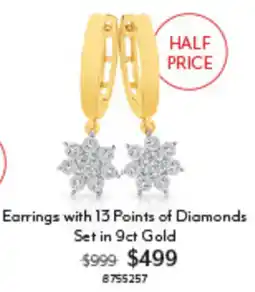 Angus & Coote Earrings with 13 Points of Diamonds Set in 9ct Gold offer
