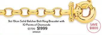 9ct 19cm Solid Belcher Bolt Ring Bracelet with 10 Points of Diamonds