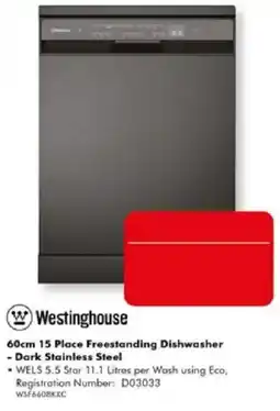 The Good Guys Westinghouse 60cm 15 Place Freestanding Dishwasher - Dark Stainless Steel offer