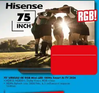 Hisense 75" UR8SAU 4K RGB Mini-LED 180Hz Smart Al TV 2026