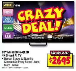 JB Hi-Fi 85" MiniLED Hi-QLED 4K Smart AI TV offer