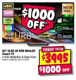 JB Hi-Fi Hisense 85" ULED 4K RGB MiniLED Smart TV offer