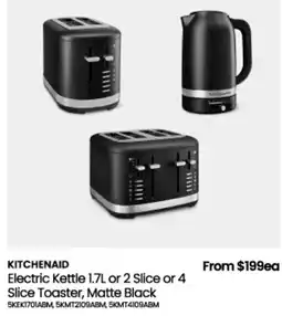 Myer KitchenAid Electric Kettle, 1.7L or 2 Slice or 4 Slice Toaster, Matte Black offer