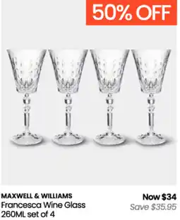 Myer MAXWELL & WILLIAMS Francesca Wine Glass 260ML set of 4 offer