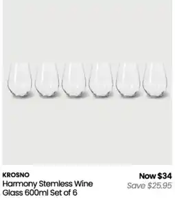 Myer Krosno Harmony Stemless Wine Glass offer