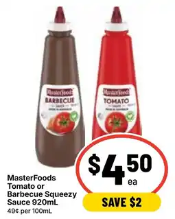 Ritchies MasterFoods Tomato or Barbecue Squeezzy Sauce offer