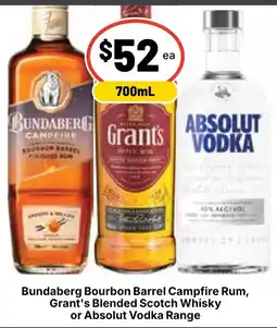 Ritchies Bundaberg Bourbon Barrel Campfire Rum, Grant's Blended Scotch Whisky or Absolut Vodka Range offer