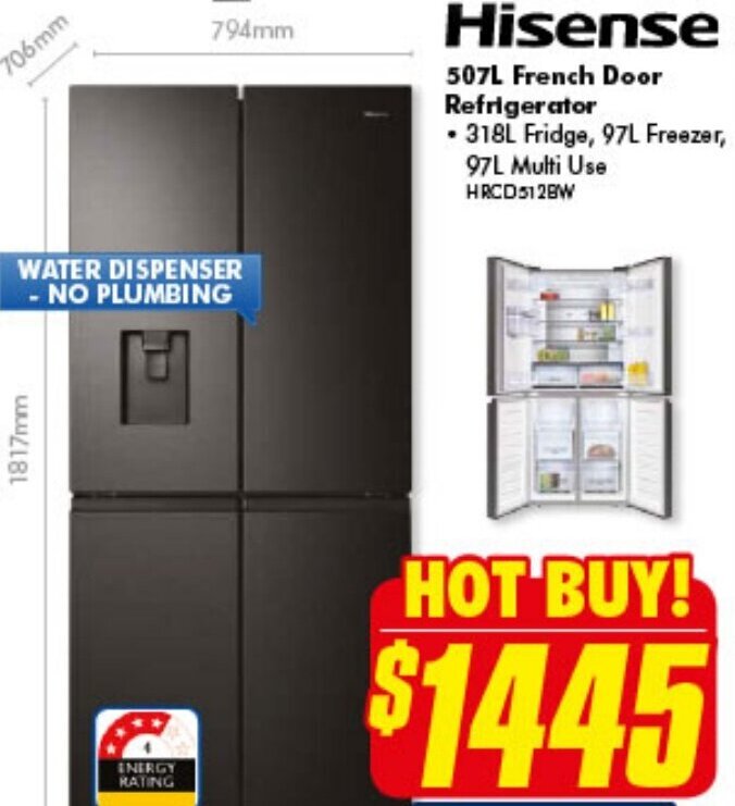 Hisense 507L French Door Refrigerator HRCD512BW offer at The Good Guys