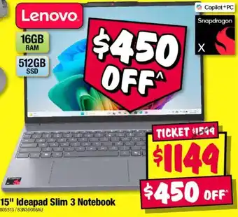 Lenovo 15" Ideapad Slim 3 Notebook