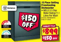 JB Hi-Fi Westinghouse 15 Place Setting Freestanding Dishwasher offer