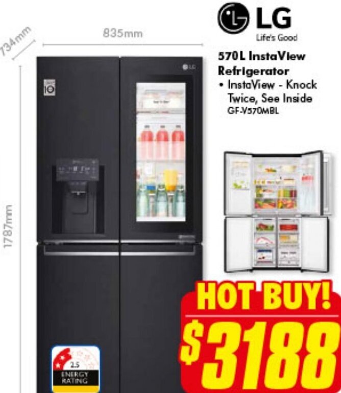 Lg 570L InstaView Refrigerator GFV570MBL offer at The Good Guys