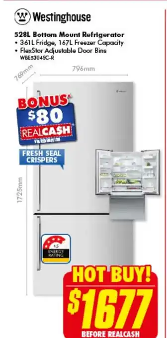 The Good Guys Westinghouse 528L Bottom Mount Refrigerator WBE53045C-R offer