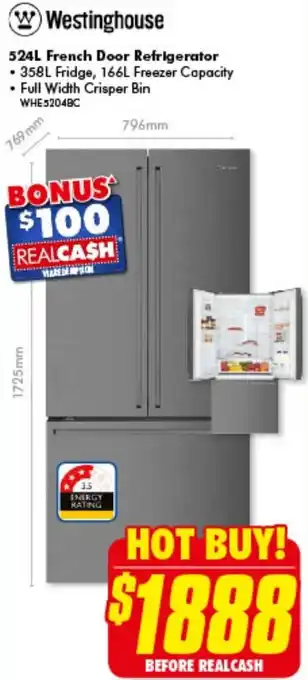 The Good Guys Westinghouse 524L French Door Refrigerator WHE5204BC offer