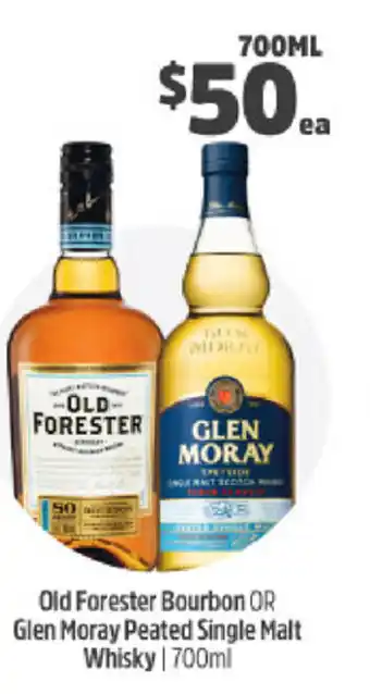 BWS Old Forester Bourbon or Glen Moray Peated Single Malt Whisky 700ml offer