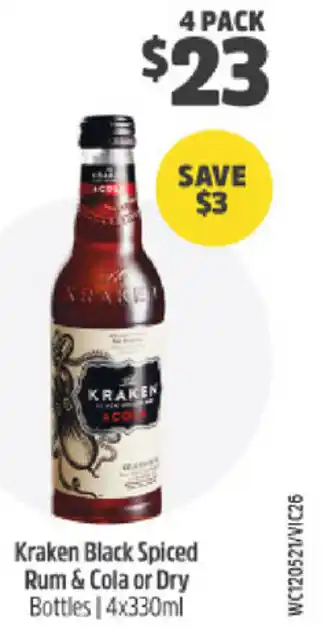 BWS Kraken Black Spiced Rum & Cola or Dry 4x330ml offer