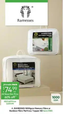 Harris Scarfe Ramesses 1000gsm Memory Fibre or Bamboo Fibre Mattress Topper offer