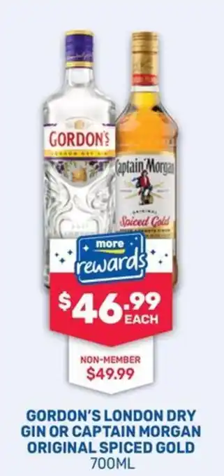 Gordon's London Dry Gin or Captain Morgan Original Spiced Gold
