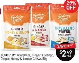Chemist King Buderim Ginger Travellers, Ginger & Mango, Ginger, Honey & Lemon Chews offer