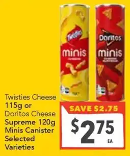 Supa Valu Twisties Cheese Doritos Cheese Supreme Minis Canister Selected Varieties offer