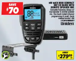 Autobarn Uniden 5W 80CH Mini Compact UHF CB Radio with Remote Speaker Mic offer