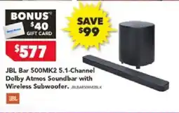 Harvey Norman JBL Bar 500MK2 5.1-Channel Dolby Atmos Soundbar with Wireless Subwoofer offer