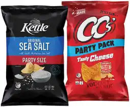 IGA NEW Kettle Chips Sea Salt 265g or CCʼs Tasty Cheese Party Size 320g offer