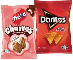 IGA Twisties Cinnamon Sugar Churros 120g or Doritos Corn Chips 150‑170g Selected Varieties offer