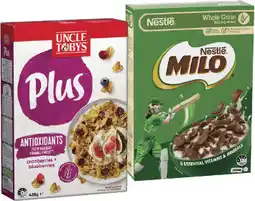 IGA Uncle Tobys Plus Cereal 410‑435g or Nestlé Milo Cereal 350g Selected Varieties offer