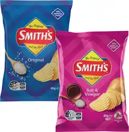 IGA Smith’s Crinkle Cut Chips or Doritos Cheese Supreme Corn Chips 45g Selected Varieties offer