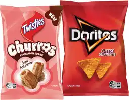 IGA Twisties Cinnamon Sugar Churros 120g or Doritos Corn Chips 150‑170g Selected Varieties offer