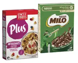 IGA Uncle Tobys Plus Cereal 435g or Nestlé Milo Wholegrain Cereal 350g offer