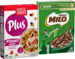 IGA Uncle Tobys Plus Cereal 410‑435g or Nestlé Milo Cereal 330‑350g Selected Varieties offer
