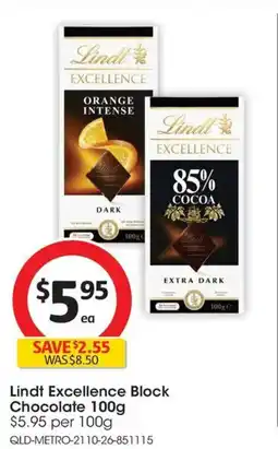 Coles Lindt Excellence Block Chocolate offer