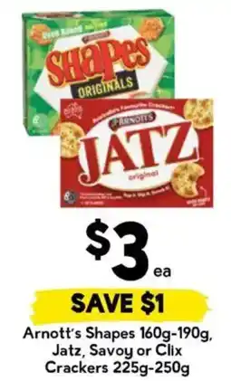 Drakes Arnott's Shapes Jatz Savoy or Clix Crackers offer