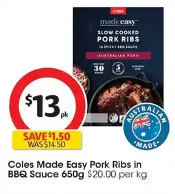 Coles Coles Made Easy Pork Ribs in BBQ Sauce offer