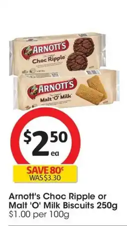 Coles Arnott's Choc Ripple or Malt 'O' Milk Biscuits offer