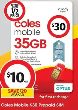 Coles Coles Mobile $30 Prepaid SIM offer
