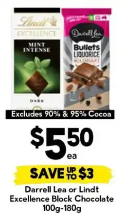 Drakes Darrell Lea or Lindt Excellence Block Chocolate offer