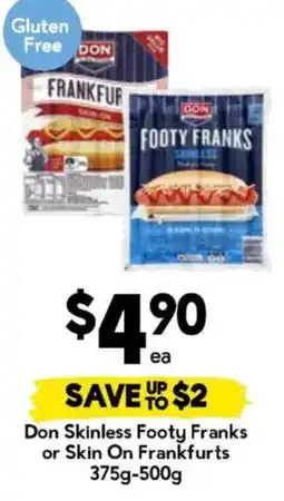 Drakes Don Skinless Footy Franks or Skin On Frankfurts offer