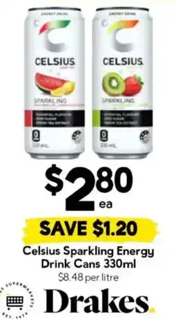 Drakes Celsius Sparkling Energy Drink Cans offer